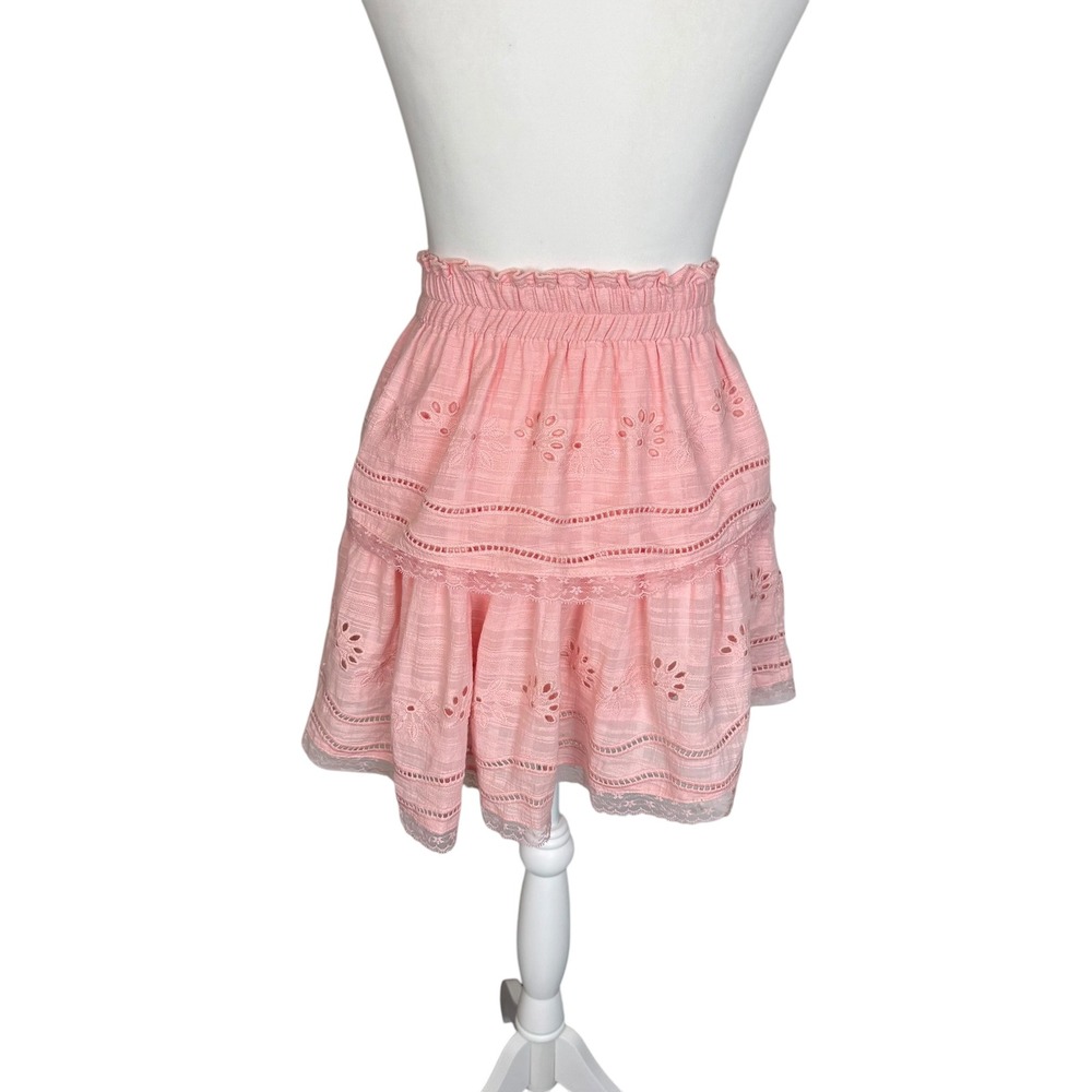 Blue Rain Pink Eyelet Tiered Mini Skirt Smocked Waist Lace Trim Small Fairy Chic